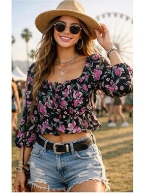 *JAPNA* Black x Pink Floral Off-Shoulder Long Sleeve Chiffon Crop Top Size Large
